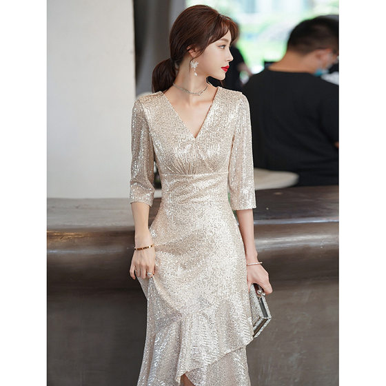 Fishtail Evening Dress Women's High-end Niche High-end Elegant Socialite Light Luxury Small Sequin Host Dress