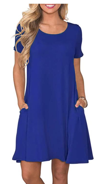 2022 European and American Foreign Trade Cross-border New Amazon Round Neck Solid Color Casual Pocket Short Sleeve Large Swing Dress Women's Clothing