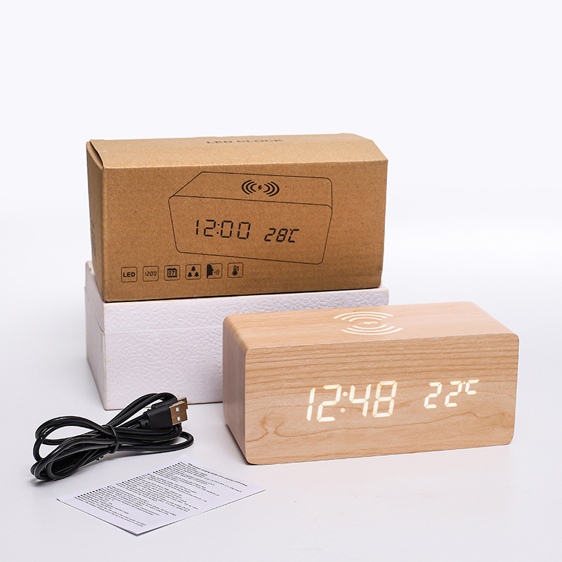 10W smart phone wireless charging wooden clock desktop mute LED electronic clock cross-border digital alarm clock wholesale