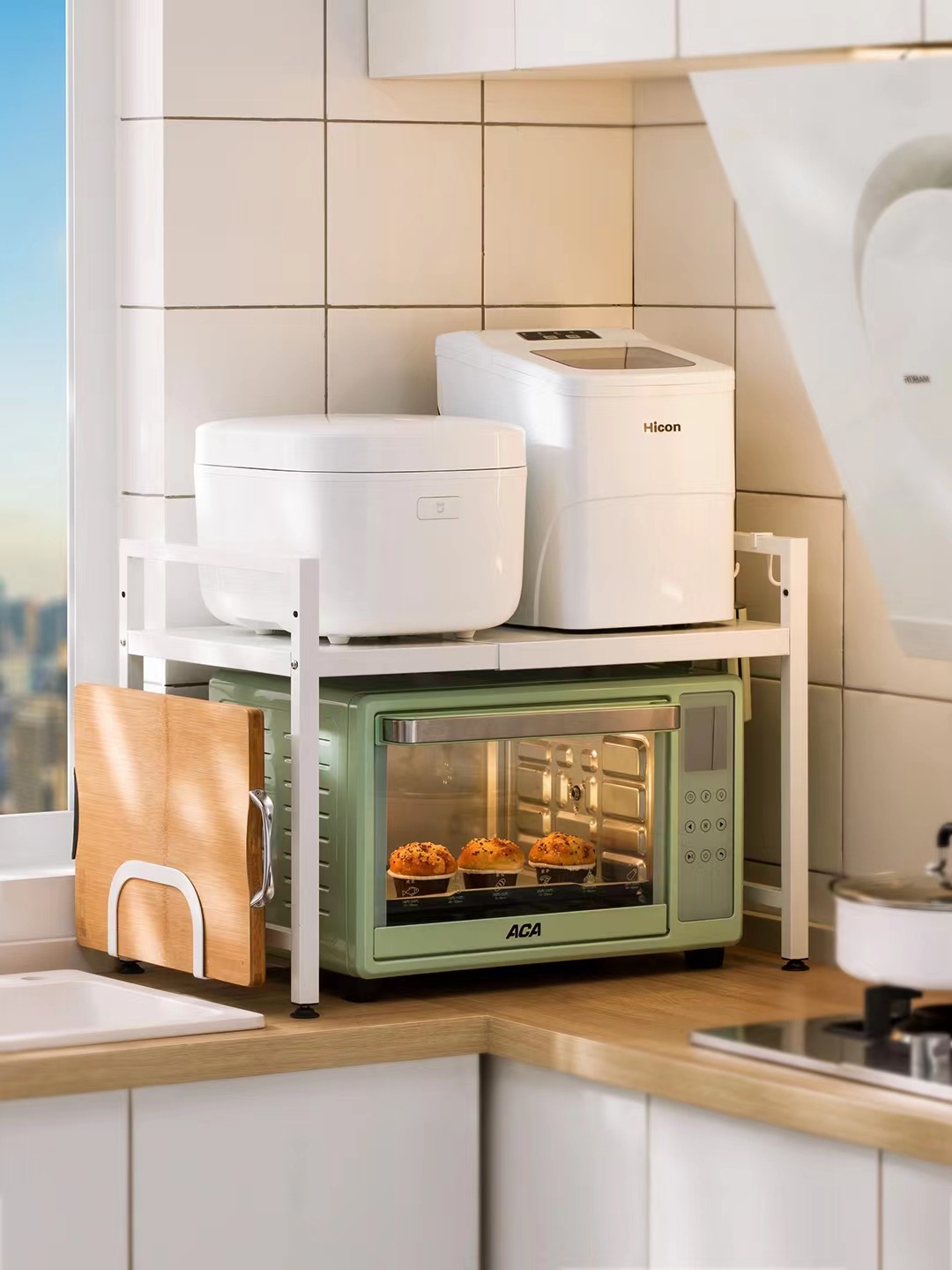 kitchen-multi-purpose-storage-rack-microwave-stand-adjustable-height-three-layers-for-oven-rice-cooker-stand-iron-wire-modern-simple-style