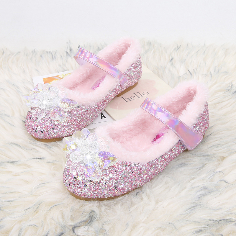 Elsa Princess Shoes Winter New Girls' Velvet Warm Flat Shoes Blue Crystal Shoes Little Girl Soft Shoes