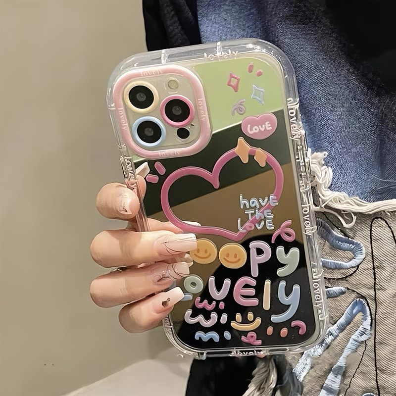彩色塗鴉愛心鏡面適用iphone15Promax蘋果14手機殼13可愛12女款11