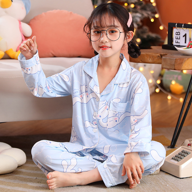 Southeast Asia Spring and Autumn Children's Pajamas Women's Imitation Cotton Cardigan Long Sleeve Cartoon Printed Sweet Home Clothes for Kids