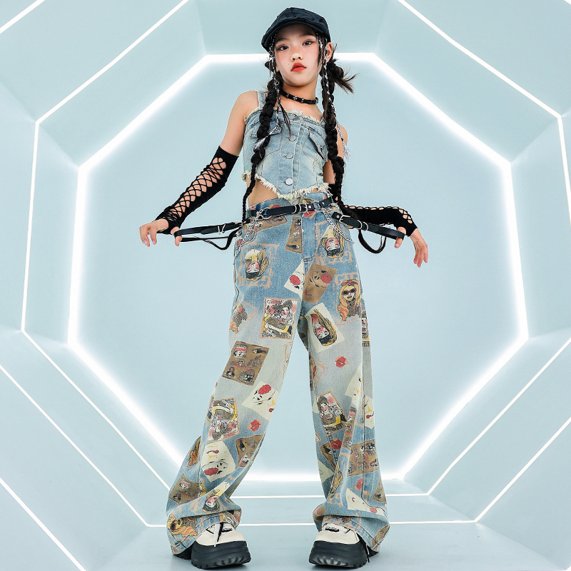 爵士舞女童服裝露臍牛仔吊帶套裝時髦炸街jazz舞蹈服兒童街舞潮服