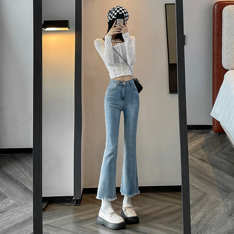 Light Blue Stretch Jeans Women's 2023 Spring Slim-fit Slimming Cropped Pants for Petite
