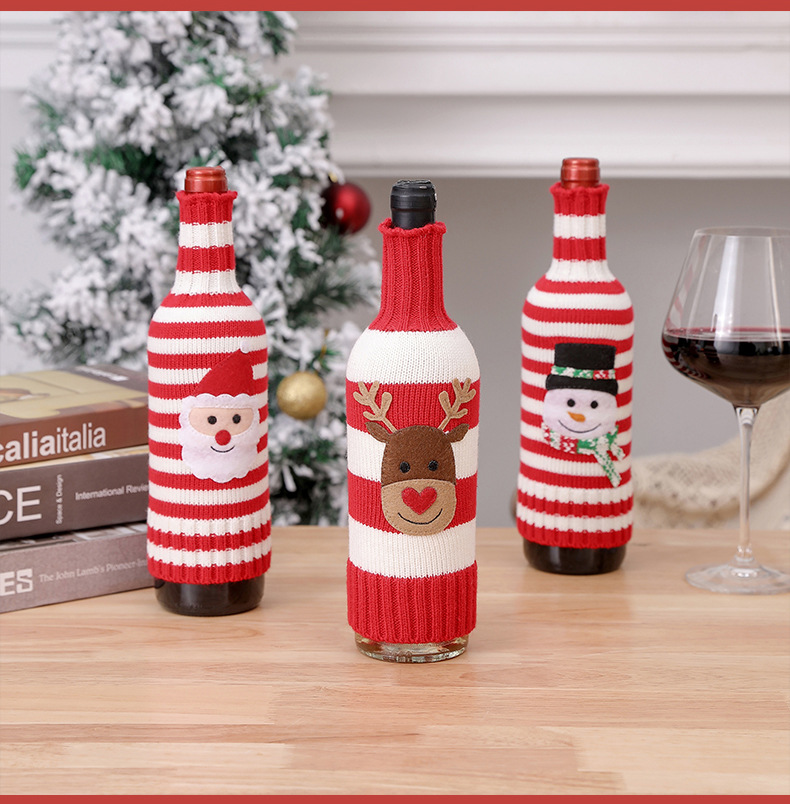 Neu Weihnachtsschmuck Wolle Acryl Gestrickte Gestreifte Weinflasche Set Elch Schneemann Wein Champagner Flasche_voghion.com