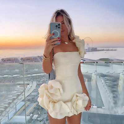 Summer new cross-border European and American women's dress ruffled flower bud tight waist dress one-shoulder tube top hip skirt