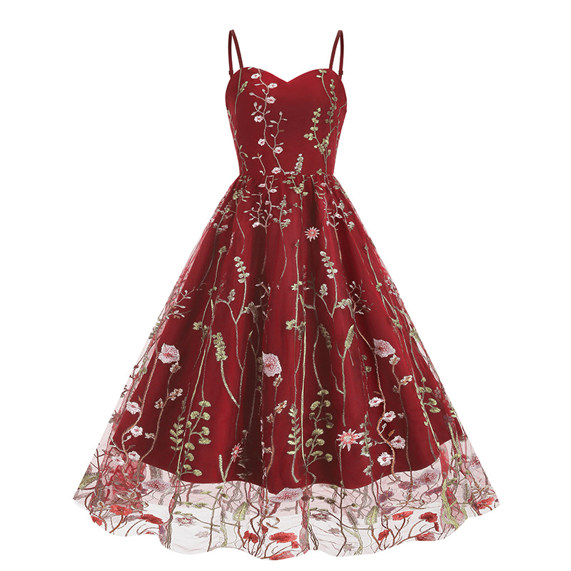 Amazon dress Europe and the United States cross-border strap embroidery mesh stitching explosions retro 50s Europe and the United States dress