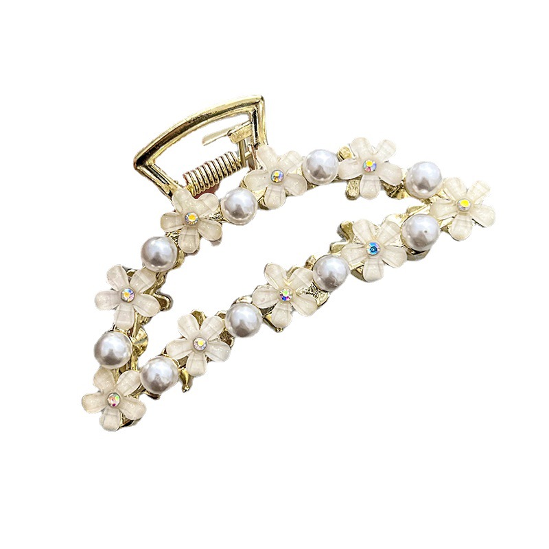 2022 New Flower Medium Grab Clip French Elegant Elegant Hair Clip Net Red Pearl Glaze Metal Hair Grab_voghion.com