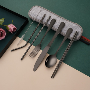 Cross-border Amazon stainless steel tableware suit portable creative Western tableware knife, fork, spoon and straw combination gift