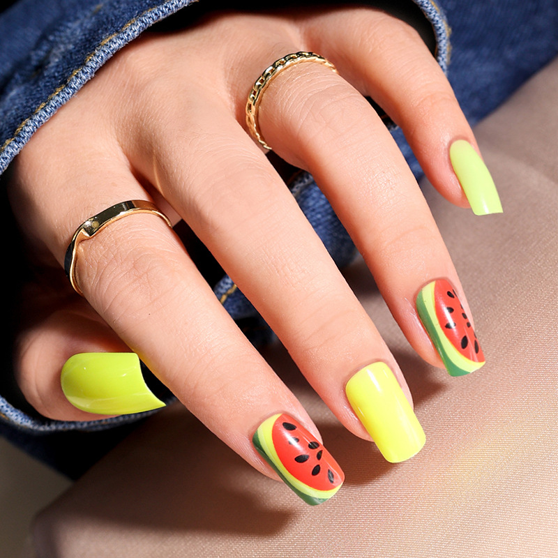 歐美熒光綠西瓜穿戴甲歐方形美甲甲片成品press on nail甲片批發