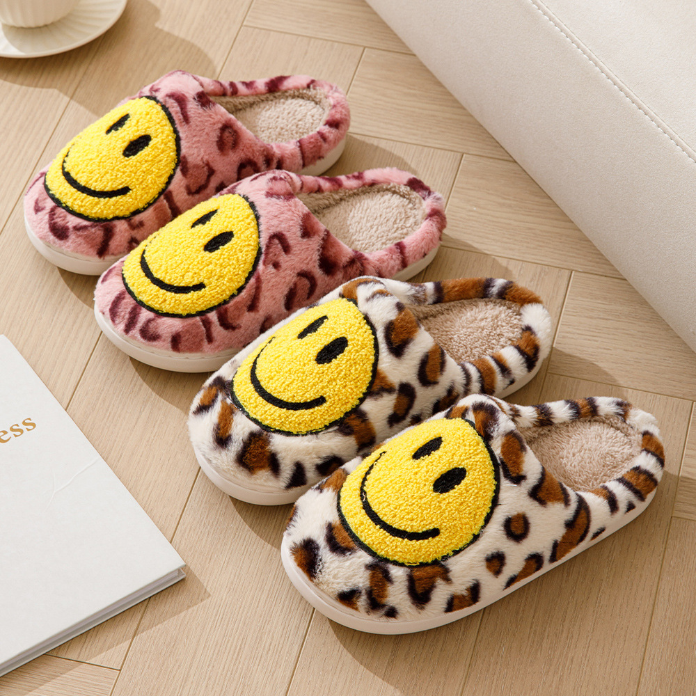 Leopard print smiley Korean cross-border wholesale cotton slippers for home use indoor thick bottom thickened non-slip warm Mao Mao slippers