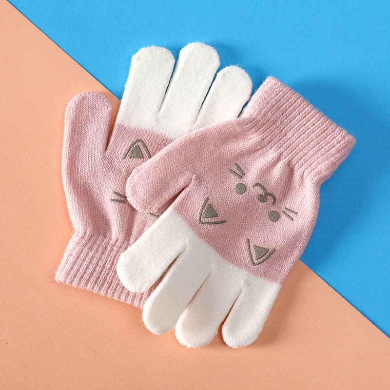 Children's cartoon gloves autumn and winter warm finger cute boys and girls finger gloves knitted primary school student gloves