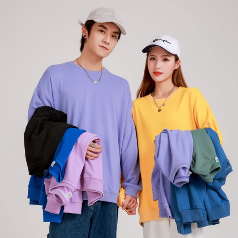 260g foreign trade fashion brand round neck sweater CVC cotton loose long sleeve T-shirt men's and women's bottoming shirt custom pattern