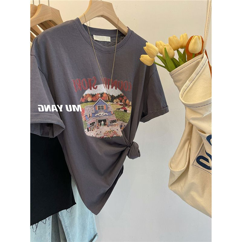 Fun Printed Short-sleeved T-shirt Women's 2023 Spring and Summer New Style Western Style Loose All-match Pure Cotton Casual Top