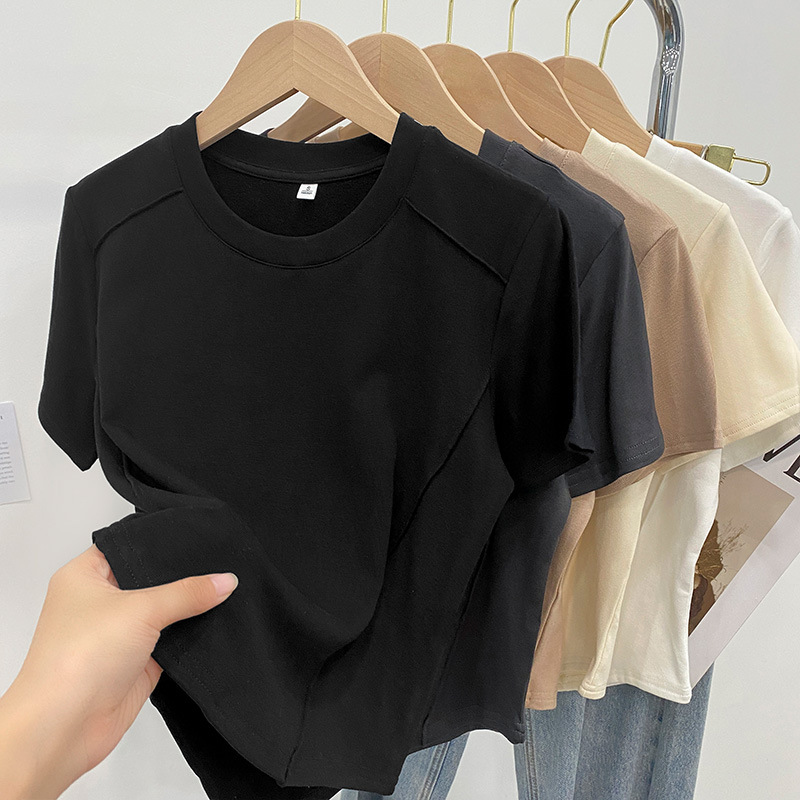 Solid Color Round Neck Short-sleeved Slim-fit T-shirt Women's 2024 Summer European-style New Style Age-reducing Fishbone Short Shoulder Shirt