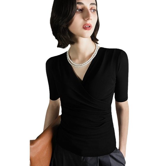 Summer New Mid-sleeve Mesh Top Stylized Inner Base Shirt Stretch Large Size Cross V-neck Small Shirt