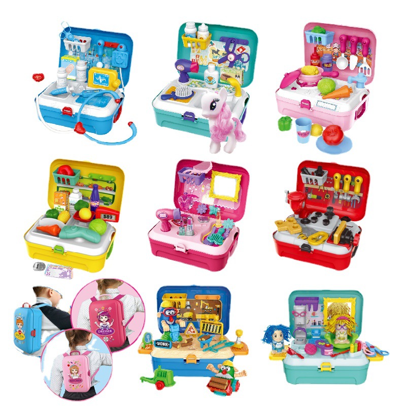 Cross-border children's simulation kitchen cooking tableware cosmetics doctor tools suit play house backpack box toys