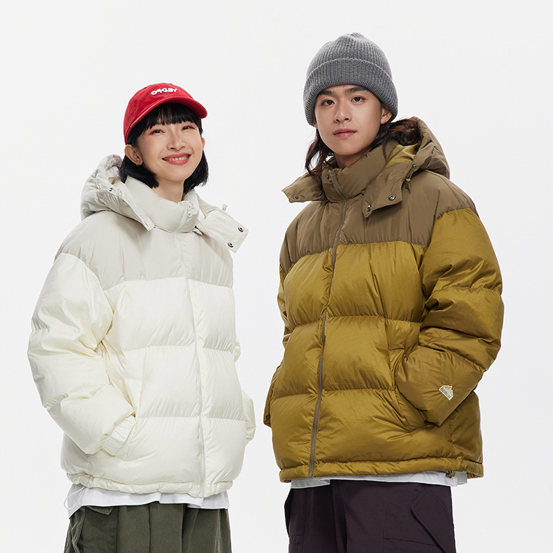 90 White Duck Down American Vintage Color-blocking Waterproof Hooded Down Jacket Trendy Men's and Women's Maillard Couple Thickened Bread Suit