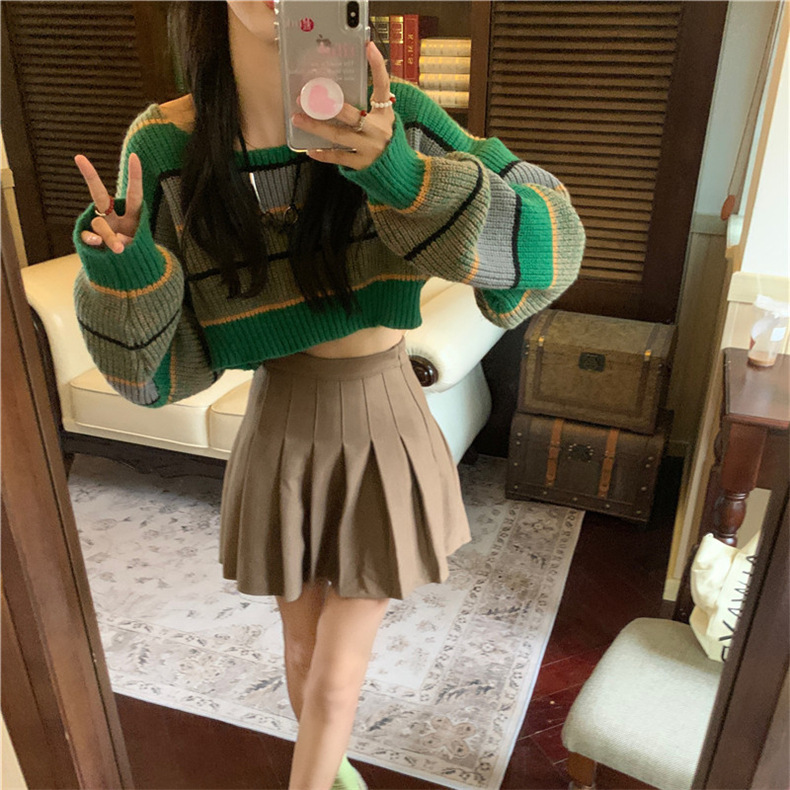 European and American short lazy style color matching striped sweater Autumn 2023 new hot girl pullover color contrast knitted top women_voghion.com