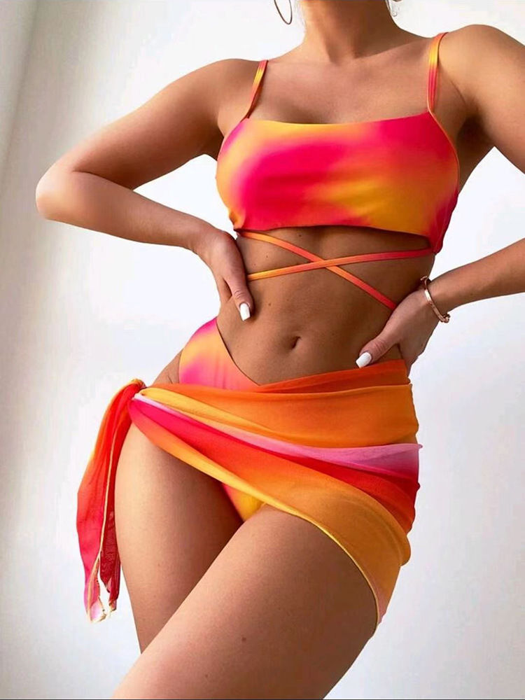  New Foreign Trade Cross-Border Amazon European and American Sexy Printed Tie-Dye Split Bikini Fashion Color Blocking Swimsuit