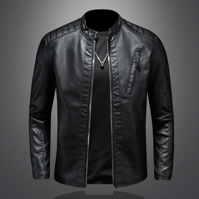 2023 New Autumn Large Size Standing Collar Leather Jacket Men's Jacket Trendy Slim Fit Men's Casual Bike Suit Leather Jacket