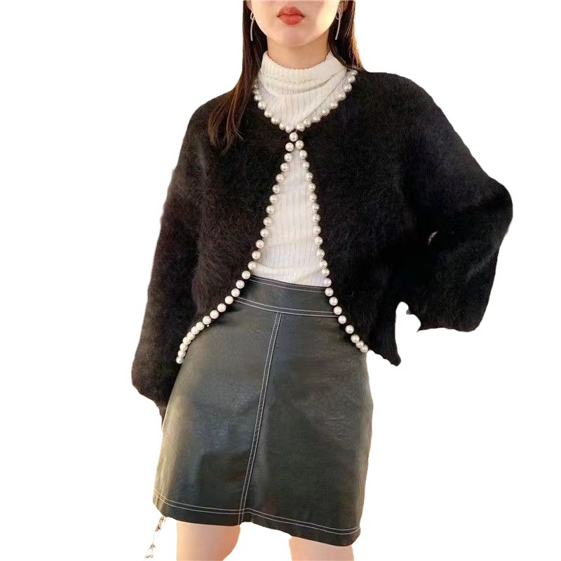 Spring and Autumn faux mink wool knitted top women's loose lazy style lantern sleeve beaded pearl Edge sweater coat cardigan
