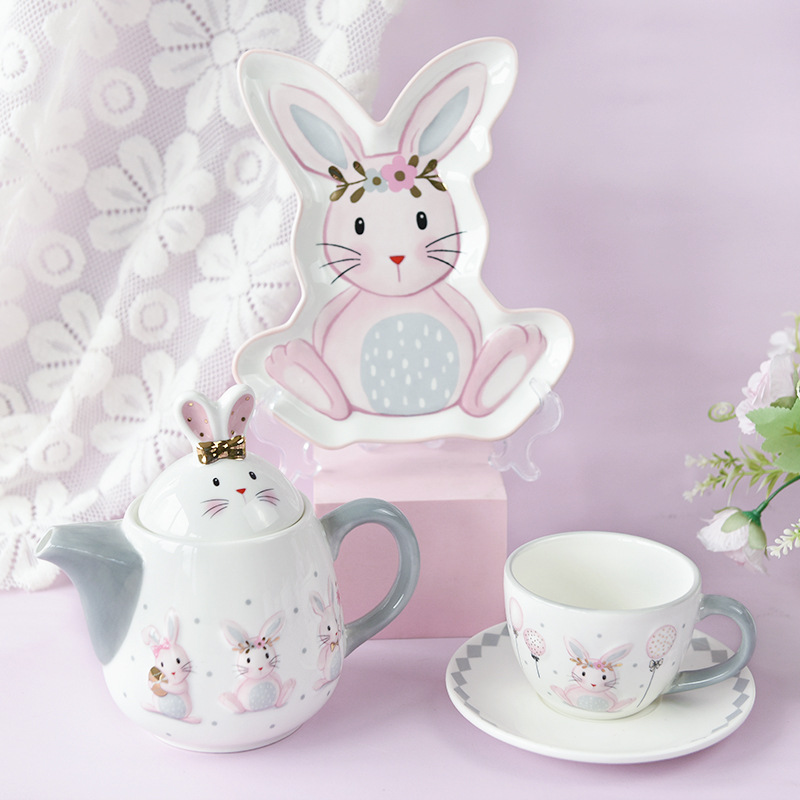 Creative Cute Rabbit Ceramic Plate Rice Bowl Plate Set Light Luxury Ceramic Relief Tableware Home Breakfast Salad Bowl Butterfly