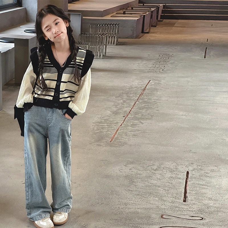 女童套裝秋款新款2023兒童韓版針織衫外套休閒百搭女童牛仔褲洋氣
