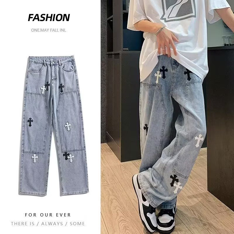 Jeans men's Hong Kong style ins Tide brand wide leg casual pants men's pendant sense straight pants men's pants spot wholesale