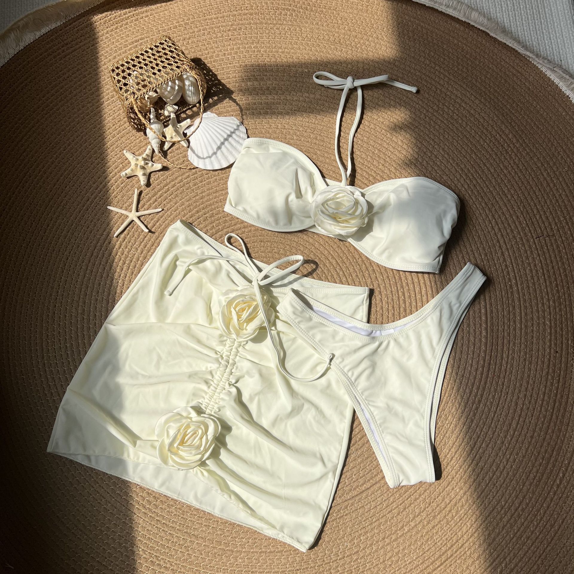 2024 European and American New Sexy Rose Sling Solid Color Three-piece Swimwear Bikini Bikini Cross-border Foreign Trade