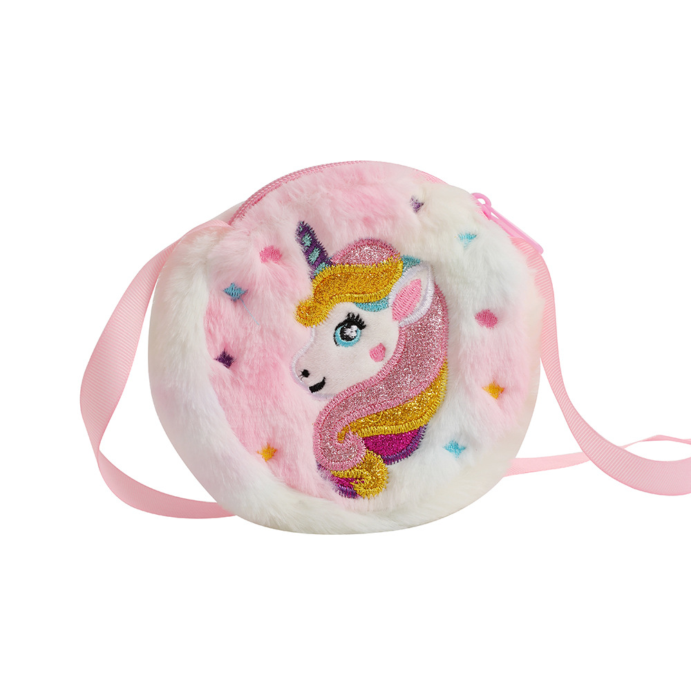 2025 New Cartoon Unicorn Round Shoulder Bag for Girls in Kindergarten Crossbody Bag Cute Plush Pocket Wallet