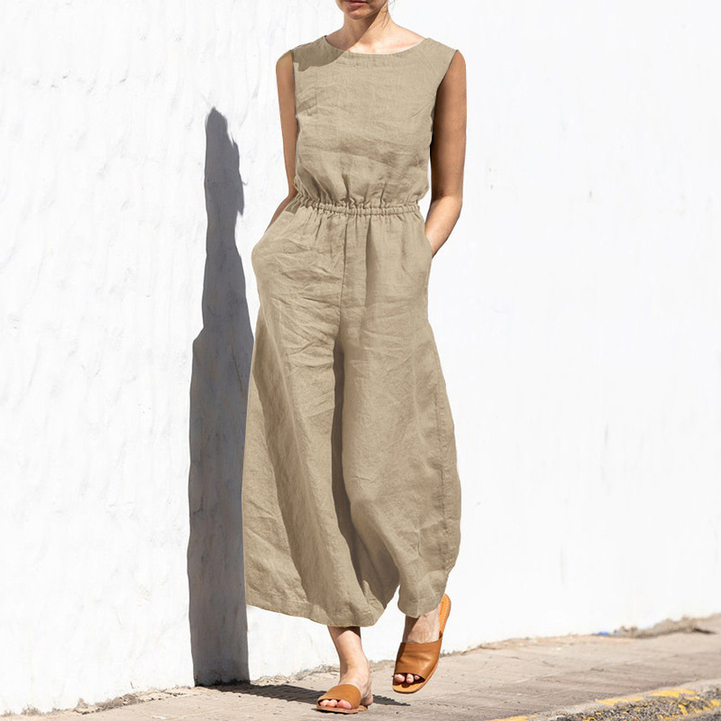 2023 cross-border Europe and the United States summer solid color high waist sleeveless pants women's fashion casual loose temperament jumpsuit