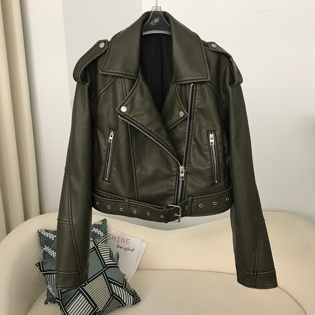 Women's Spring and Autumn Women's New Lapel Short Jacket Style Motorcycle Fashion Casual European and American Style Slim Leather Jacket