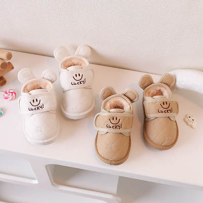 Baby snow boots winter fleece-lined cotton shoes baby toddler shoes baby baby shoes Korean style milk tea smiley face