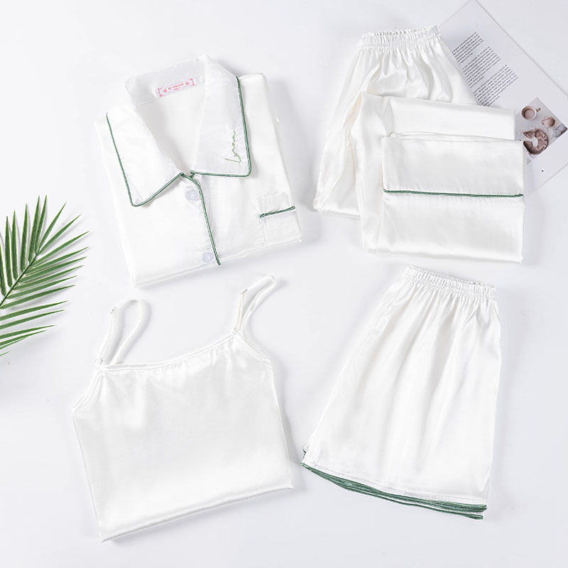 2023 new pajamas women Four Seasons can wear sweet solid color 5050 summer four-piece thin foreign trade Home clothing 7