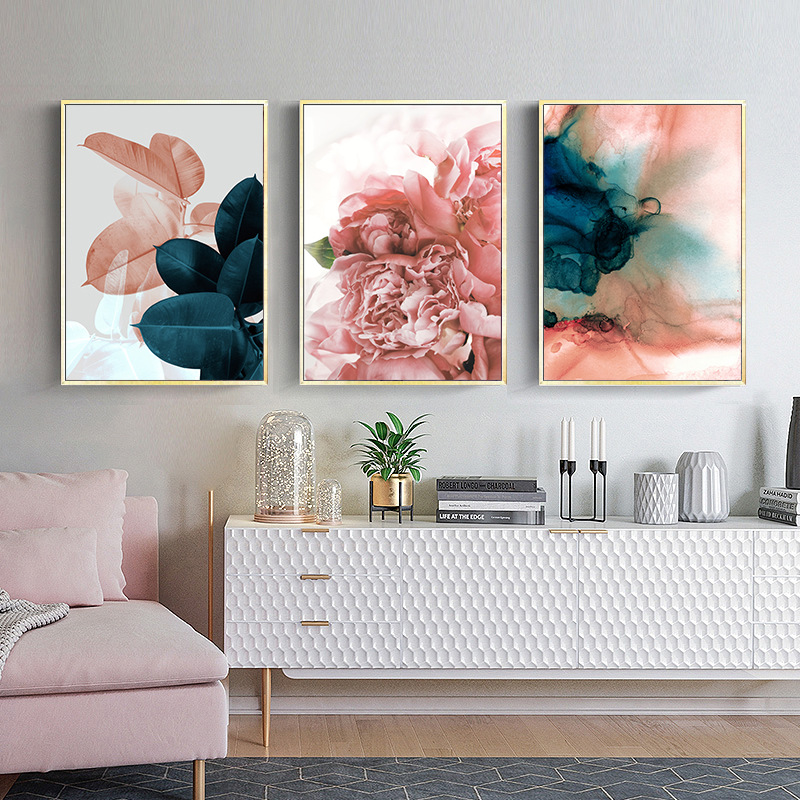Foreign trade pink green flower leaves Nordic style poster wall stickers abstract poster prints living room decorative painting core