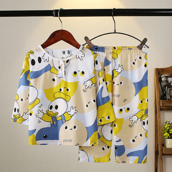 Children's Long Sleeve Pants Pajamas Wholesale Cotton Silk Sleeping Boys and Girls Baby Air Conditioning Home Suit Summer Cotton Silk