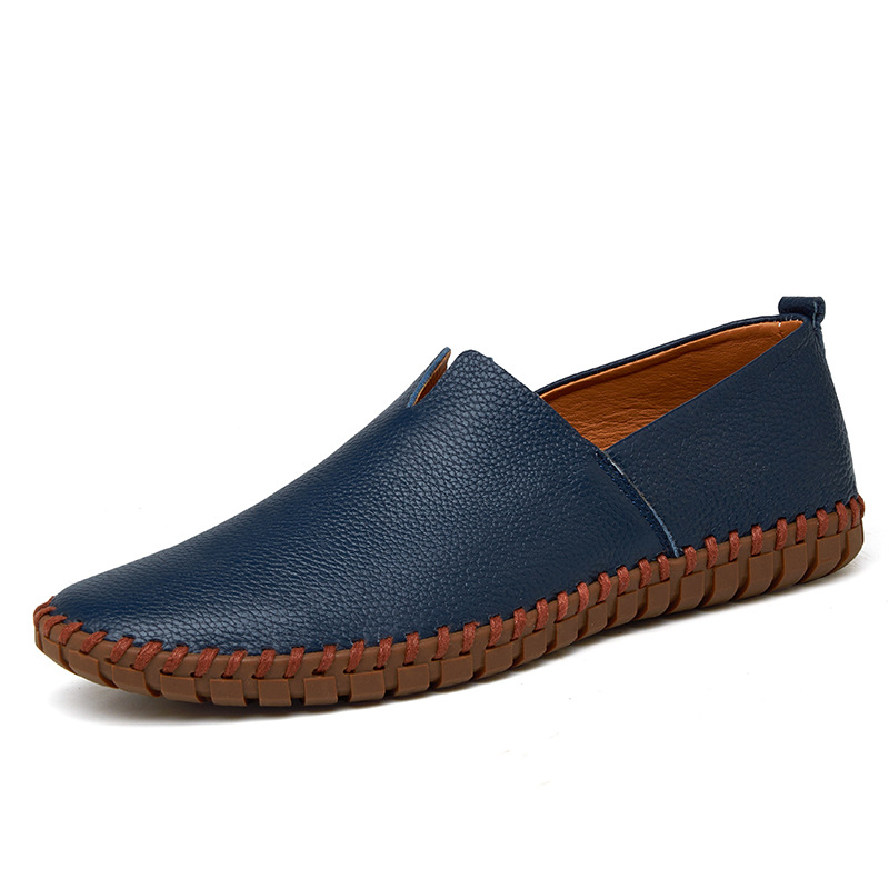 Cross-border Large Size Slip-on Men's Shoes Hand-stitched Men's Peas Shoes Spring and Summer First Layer Cowhide Hollow Men's Leather Shoes