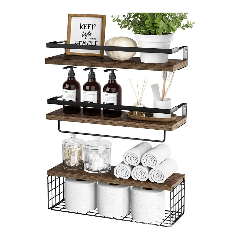 American Style Wall Rack Wooden Bathroom Bathroom Rack Wall-mounted Floating Partition Iron Hanging Basket Storage