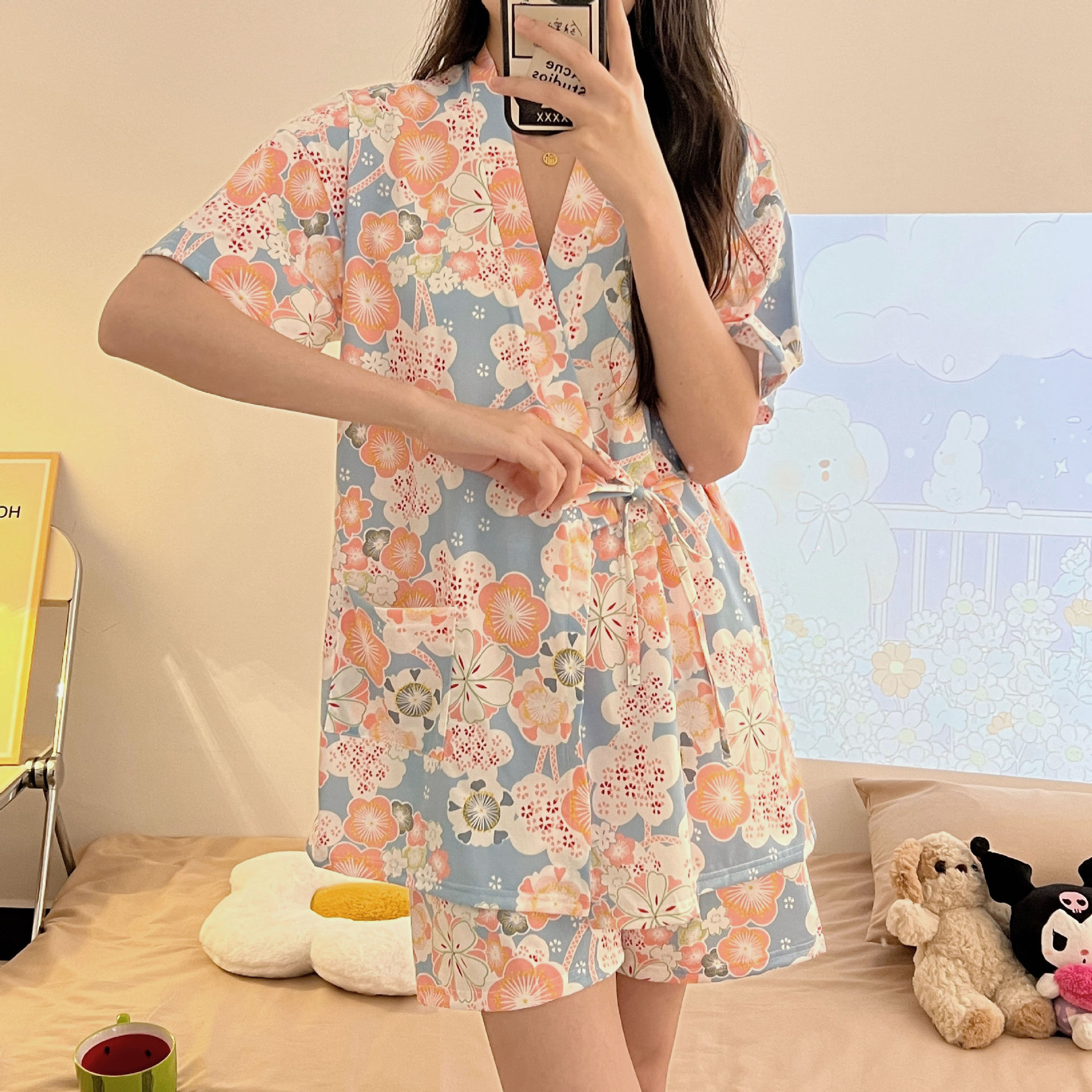 Amazon foreign trade Japanese kimono ins pajamas for women summer new short-sleeved shorts Korean version sweet home wear set