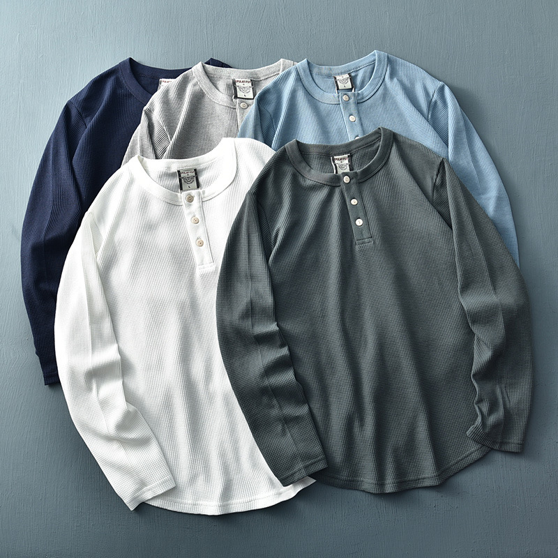 280g heavy waffle henley collar T-shirt men's long sleeve solid color round neck bottoming shirt