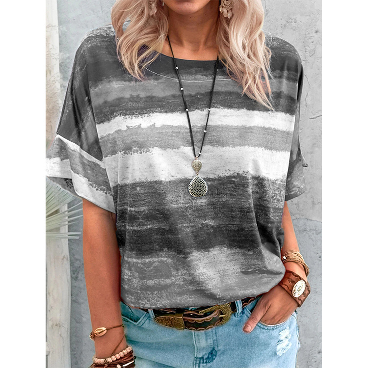 Amazon Explosions Foreign Trade Women's Cross-border 2021 New Summer European and American Gradient Contrast Women's Short-sleeved T-shirt for Women
