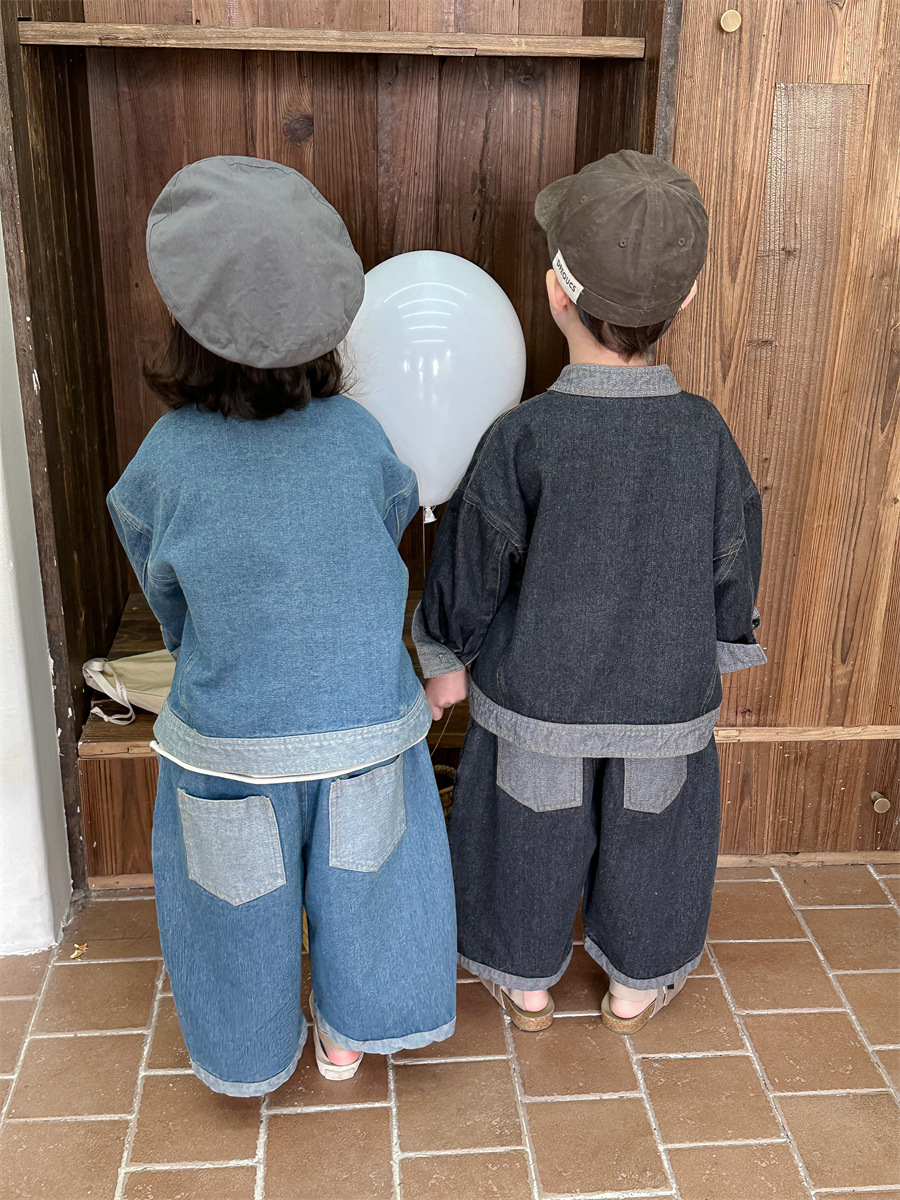 Jiaye children's 2023 children's spring color matching Denim shirt coat baby straight pants cropped pants two-piece suit