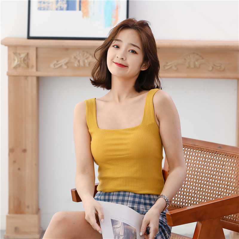 Cup One-piece I-shaped Vest with Chest Pad Women's Backing Summer Ice Silk Threaded Square Neck Inner and Outer Sling Top