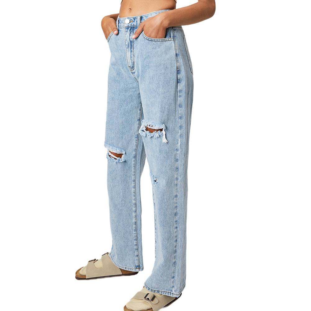European and American Foreign trade cross-border independent station JEANS WOMEN WOMEN's JEANS blue ripped washed straight trousers WOMEN