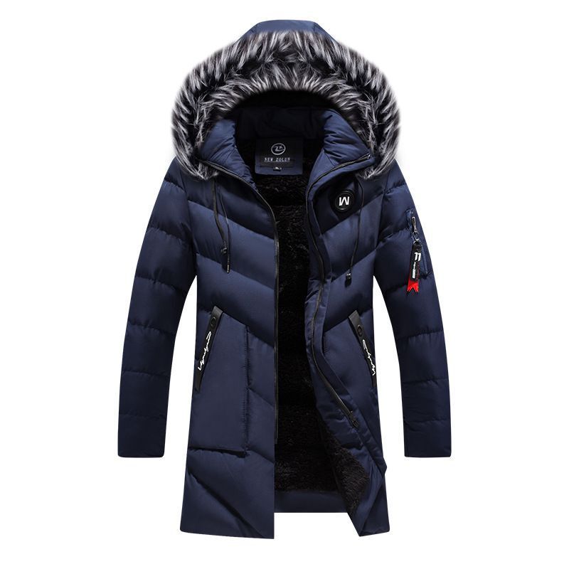 Winter Hooded New Men's Mid-length Cotton-padded Jacket Cross-border E-commerce Solid Color fleece-lined Thickened Slim-fit Cotton-padded Jacket for Men