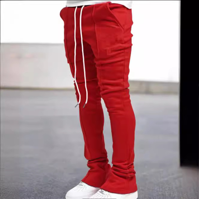 Cross-Border Men's sports casual Four Seasons long flared pants slim lace elastic waist solid color trousers