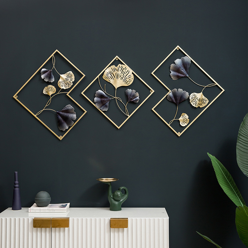 Modern Simple Iron Metal Wall Hanging Painting Three-dimensional Triple Combination Wall Hanging Cross-border Hot-selling Decorations Ginkgo Leaf