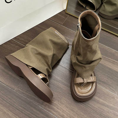 2023 New Arrival Dark Tare Thick Bottom Denim Trousers Cool Boots Women's Niche Open Toe Knee-high Boots